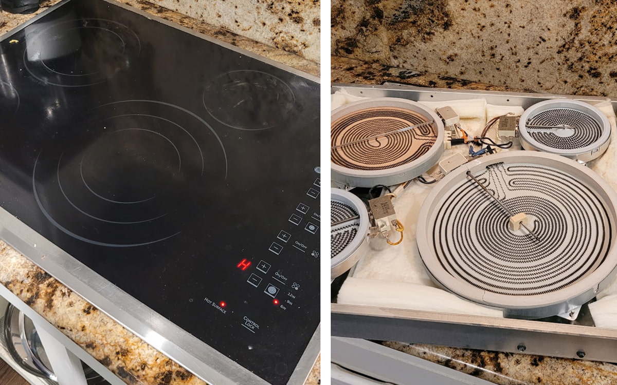 Technician repairing electric cooktop and heating surface in modern kitchen in Plano TX